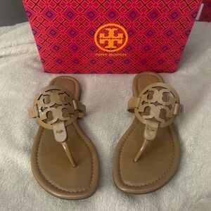 Tory Burch Tan Patent Logo Thong Sandals